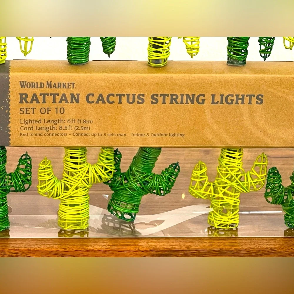 World Market Rattan Cactus String Lights NIB | Boho Desert Patio Indoor Outdoor